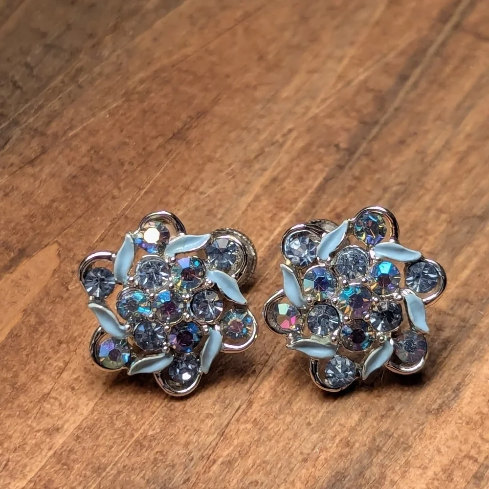 🫧 Longcraft Earrings Blue enamel Vintage Aurora Borealis floral silvertone